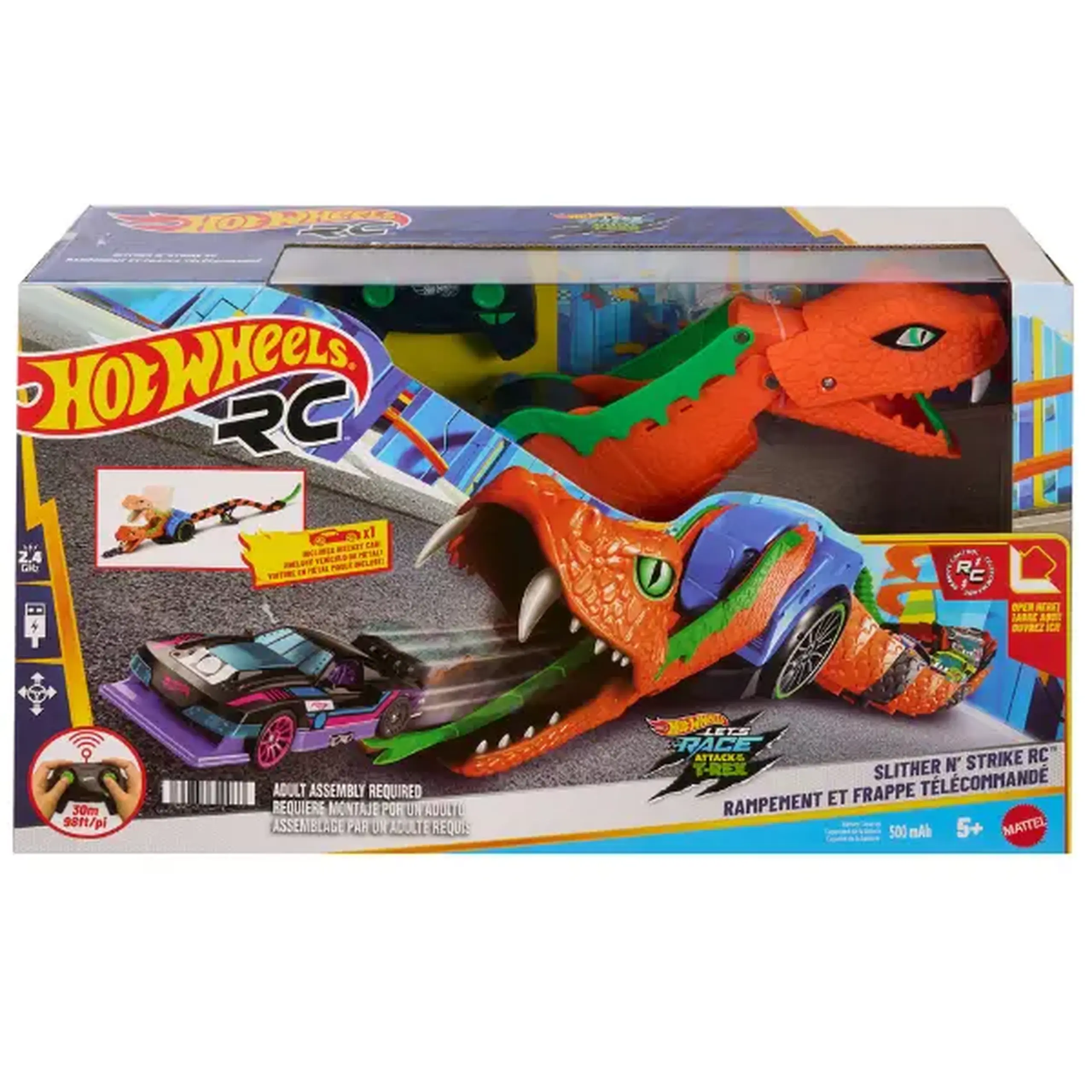 Șarpe cu telecomandă Hot Wheels Let’s Race „Slither ’N Strike” cu mașinuță, 82 cm