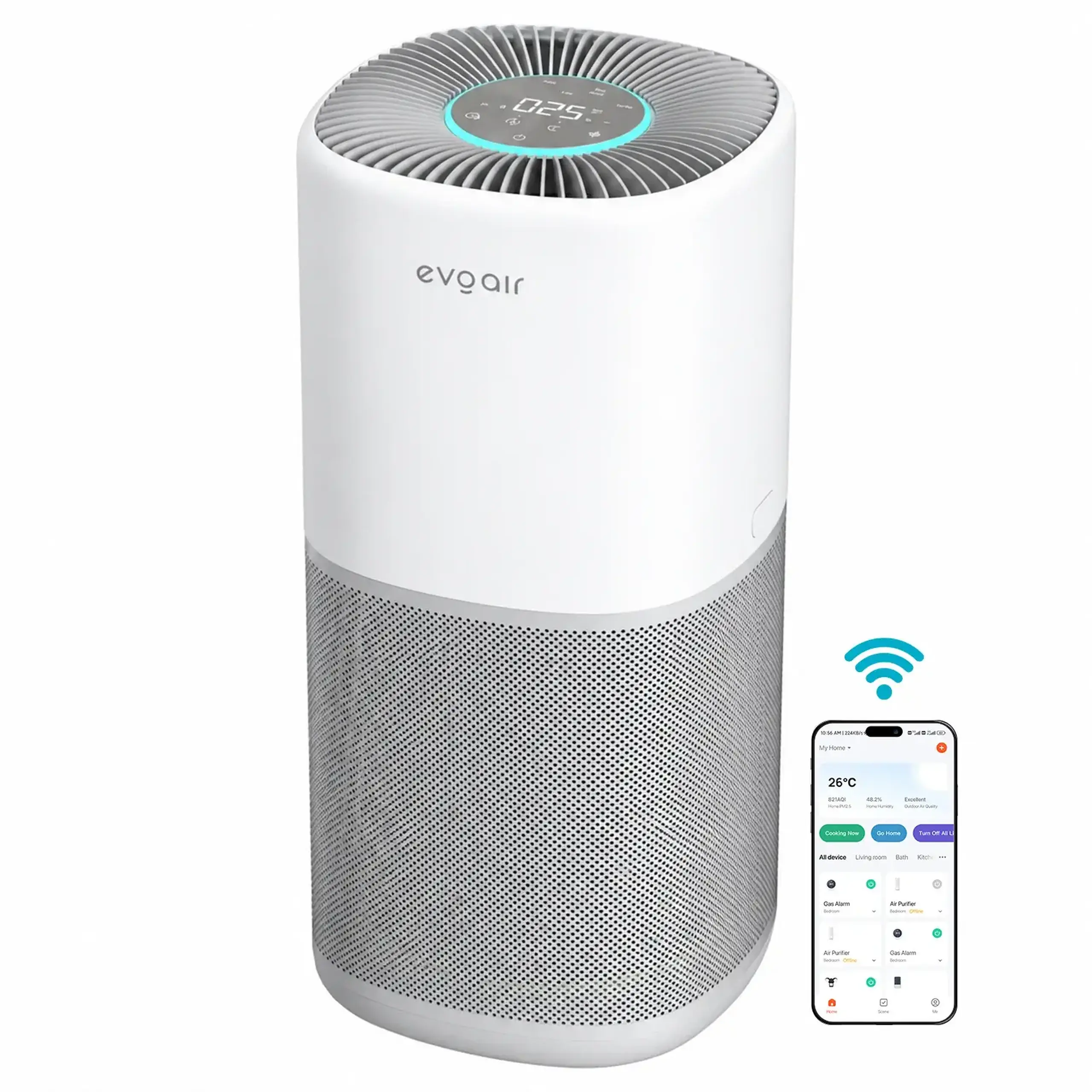 Purificator aer Evoair Aero400, Smart, Wifi, 400 m³/h, Filtru 3in1 True HEPA, Carbon Activ, Alb&Gri
