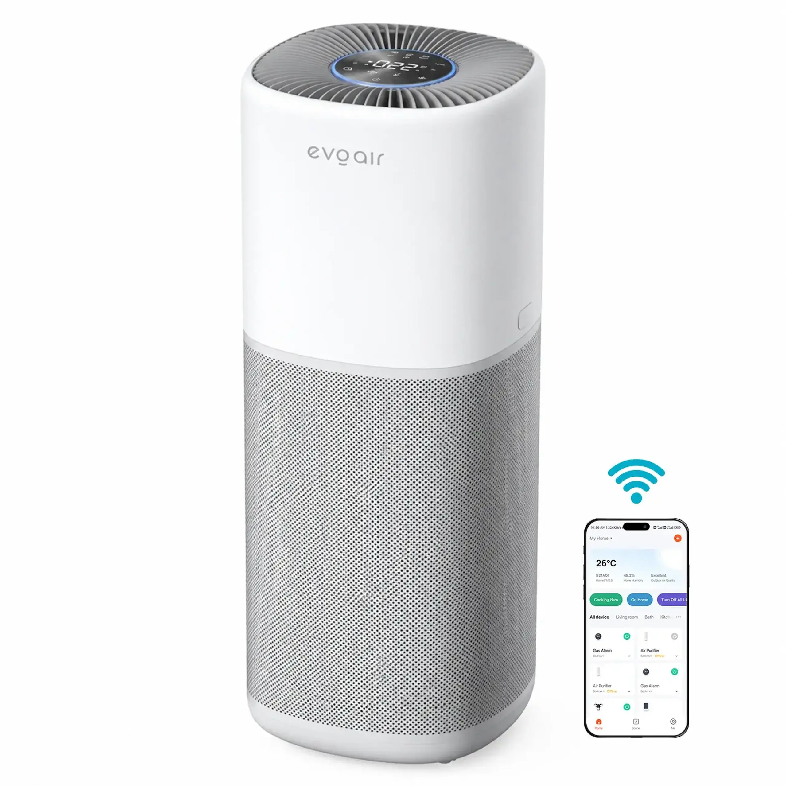 Purificator aer Evoair Aero600, Smart, Wifi, 600 m³/h, Filtru 3in1 True HEPA, Carbon Activ, Alb&Gri