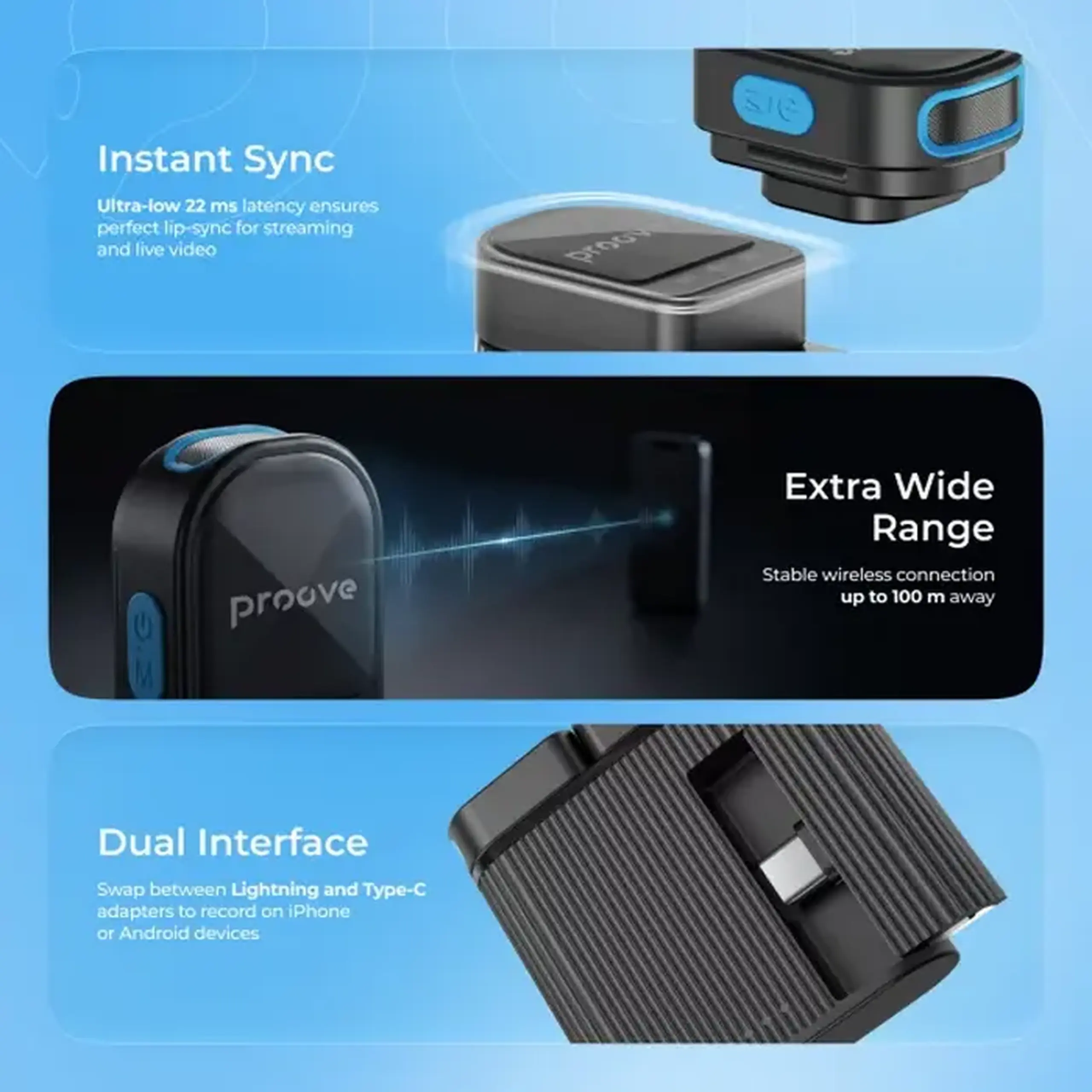 Microfon portabil pentru înregistrare vocală Proove DualCast, Fără fir, Negru
