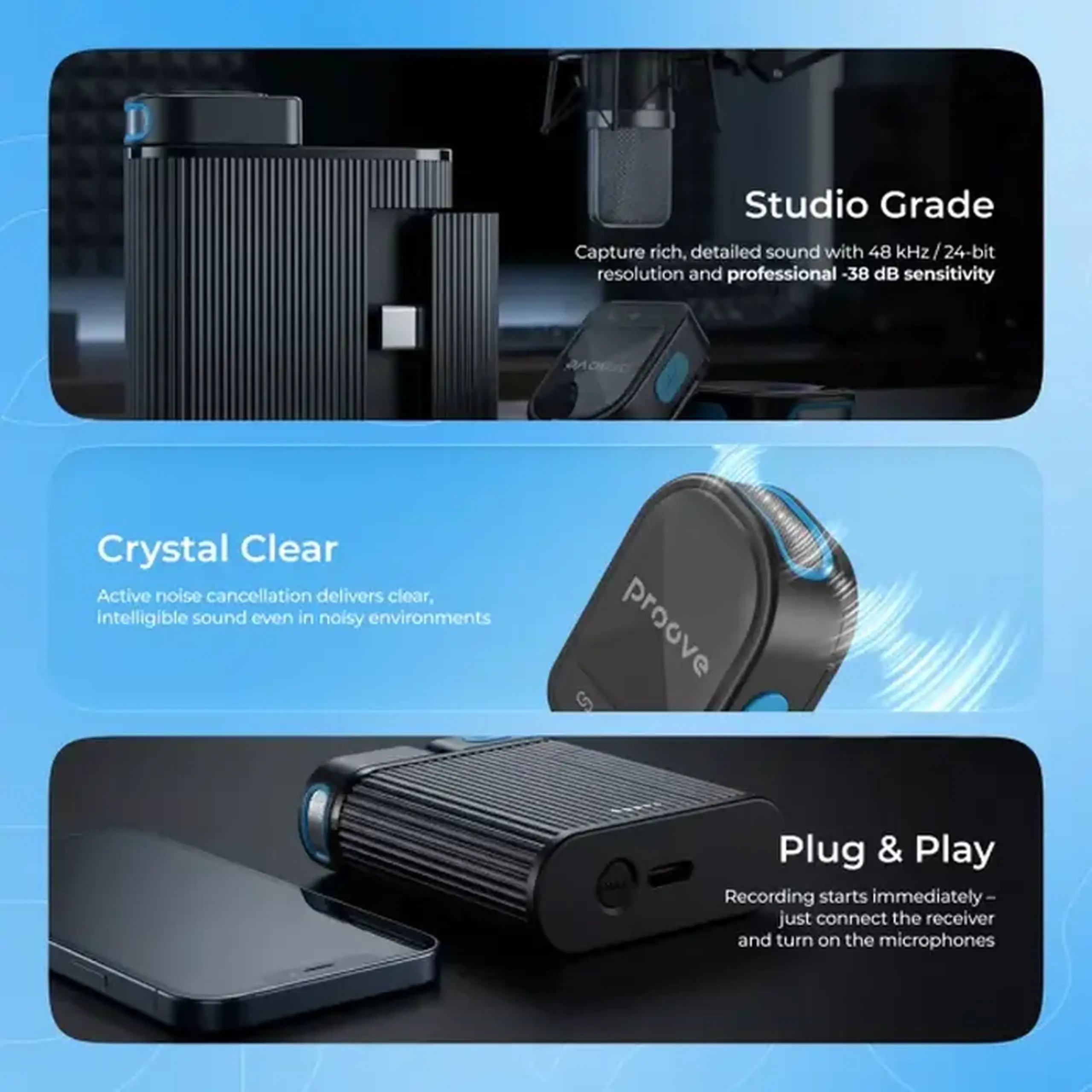 Microfon portabil pentru înregistrare vocală Proove DualCast, Fără fir, Negru