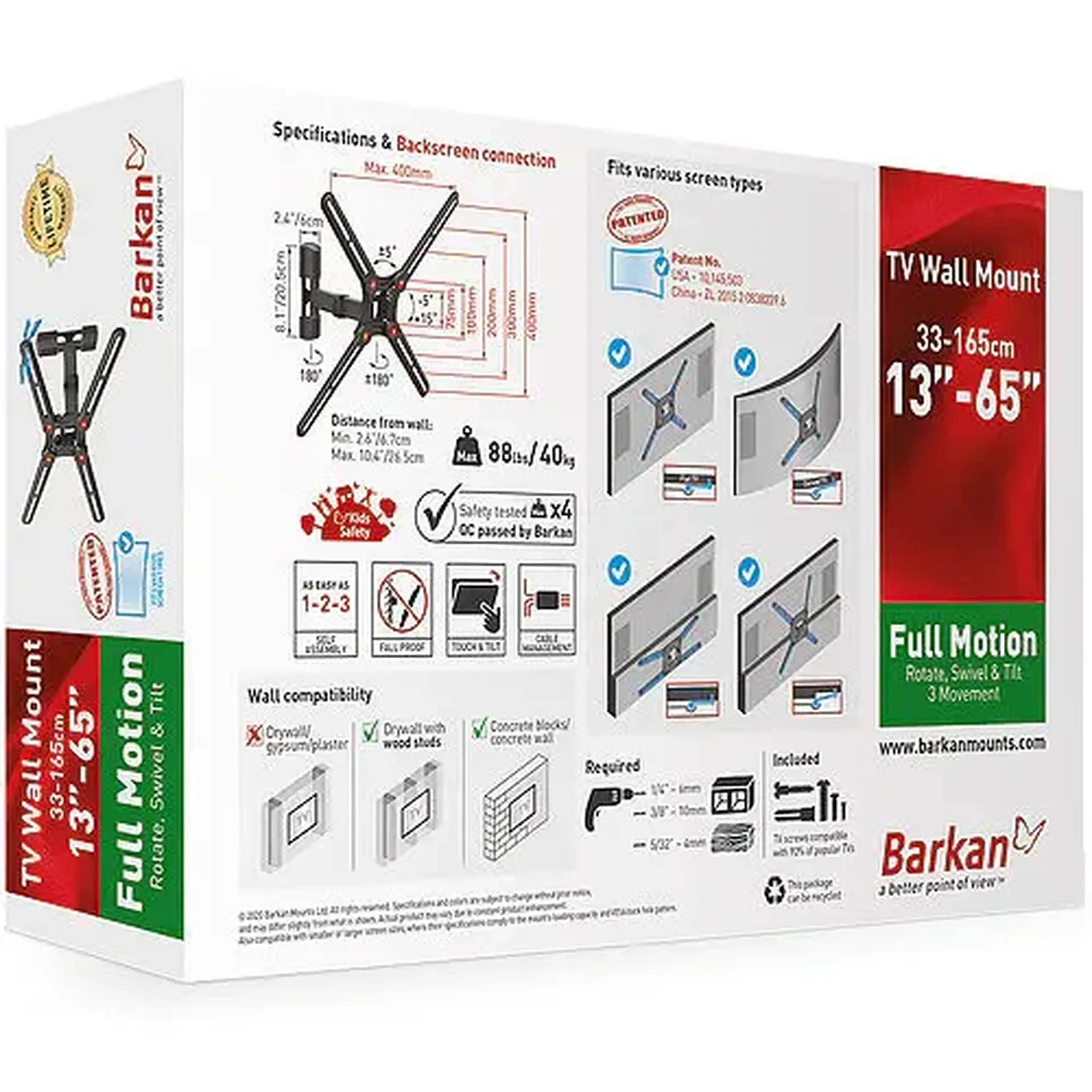 Suport TV de perete Barkan BM331, reglabil, 13-65, Negru