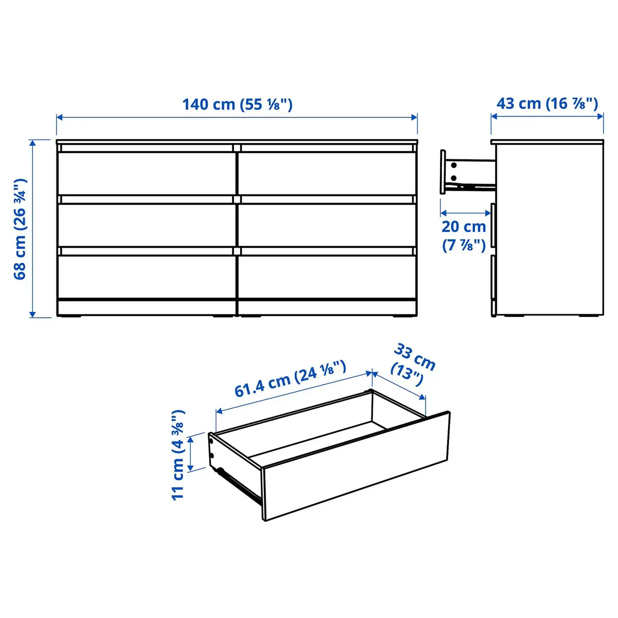 IKEA LILLBERGET Comoda 6 sertare, alb, 140x43x68 cm