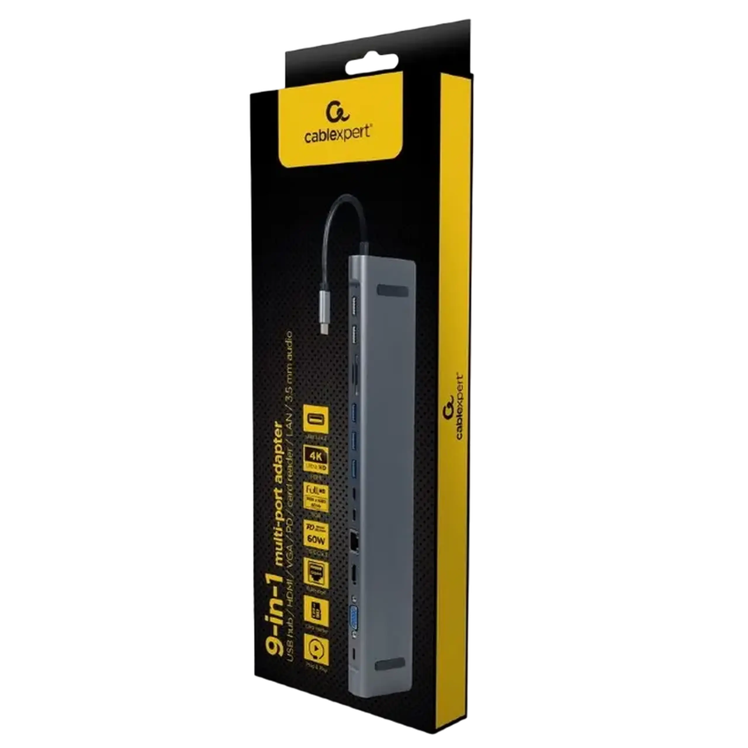 Adaptor Video Cablexpert A-CM-COMBO9-01, USB Type-C - LAN, VGA, HDMI, USB Type-C, USB Type-A, SD card-reader, Gri