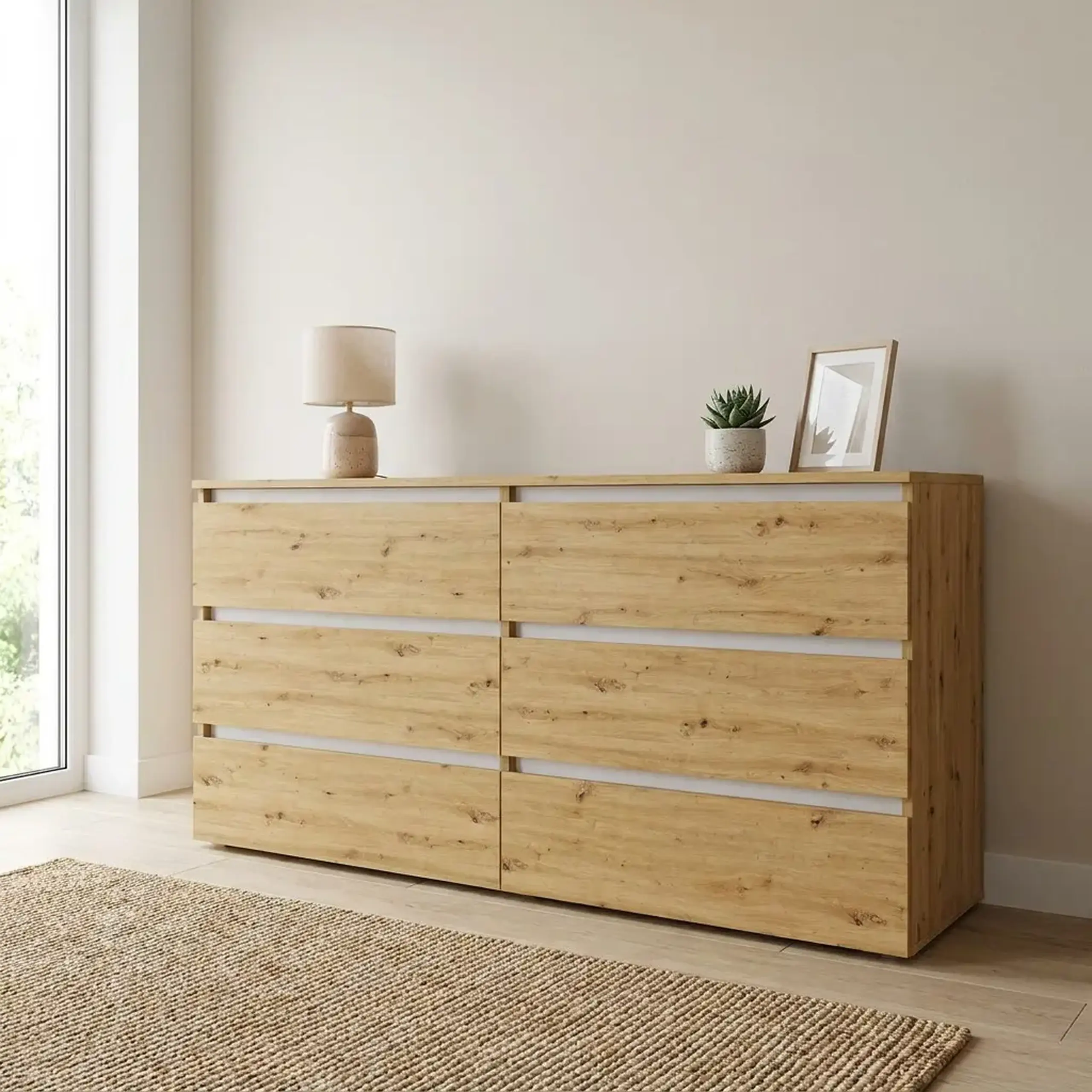 Comoda 4home Ideea K, 76x160x42 cm, 6 sertare, Stejar Artizanal/Nimfea Alba