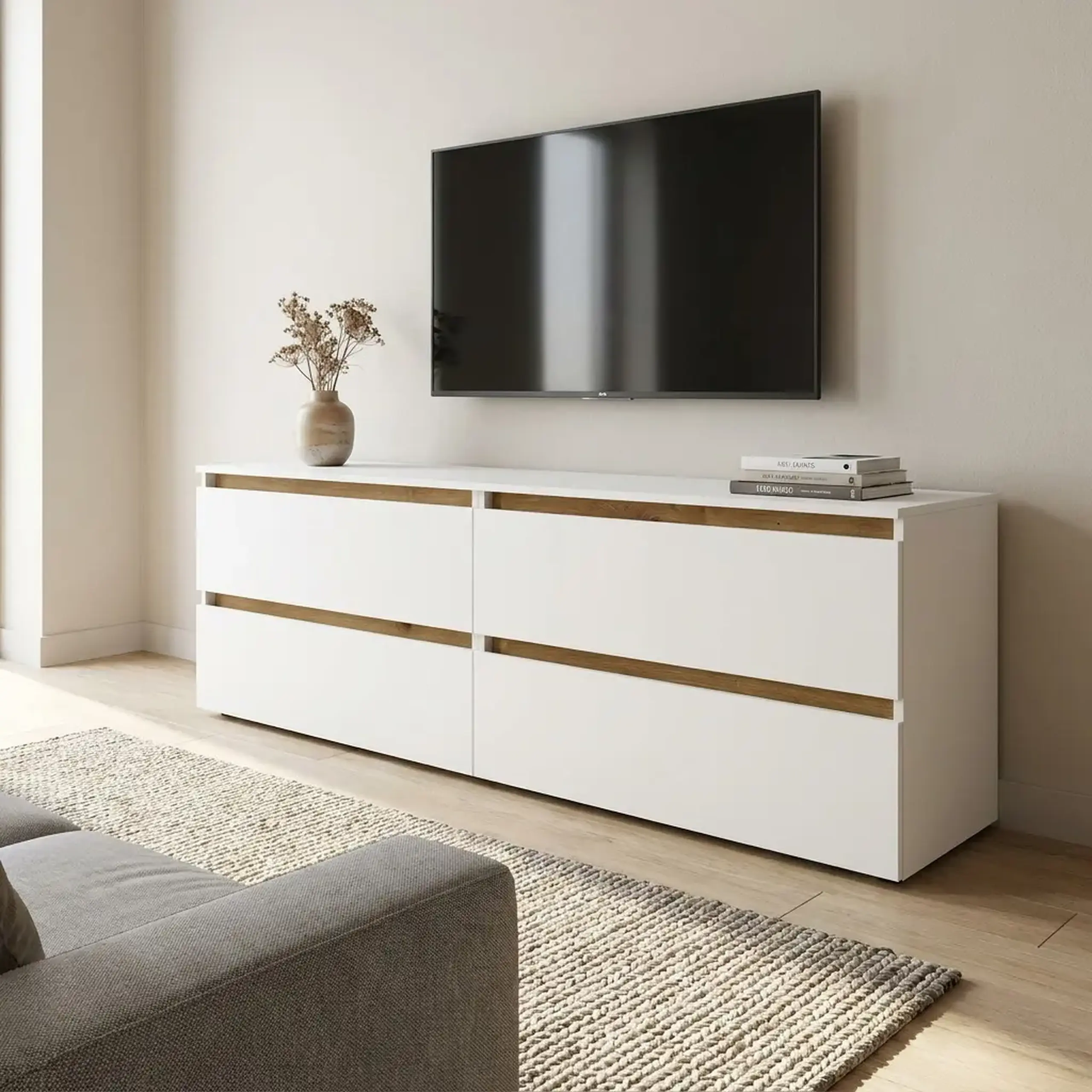 Comoda TV 4home Ideea, 52x160 cm, 2x2 sertare, Nimfea Alba/Stejar Artizanal